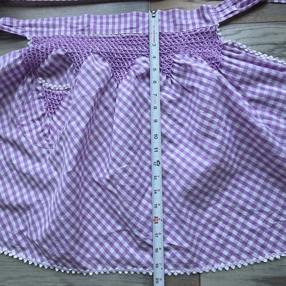 Vintage Gingham Half Apron Purple White Check Smocked Cottagecore Retro Granny